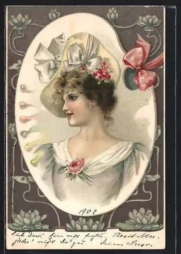 Lithographie Junge Dame mit Hut und Ansteckblume, Ornamente, Jugendstil