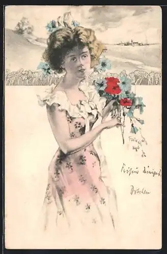 AK Junge Dame im Kleid mit Blumen, Jugendstil