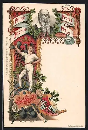 AK Frisch Stark Frei Treu, Turner mit Hantel, Turnvater Jahn