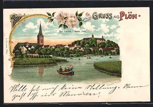 Lithographie Plön, KleinerPlöner See mit Kirche