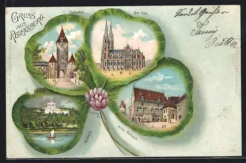 Passepartout-Lithographie Regensburg, Dom, Walhalla und Ostentor im Kleeblatt