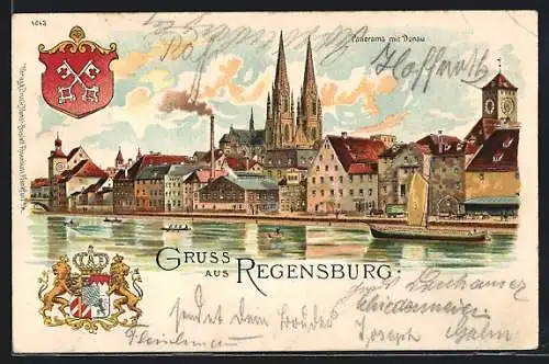 Lithographie Regensburg, Donaupartie mit Kirche, Wappen