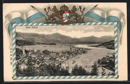 Präge-AK Bad Tölz, Teilansicht mit Brücke, Wappen