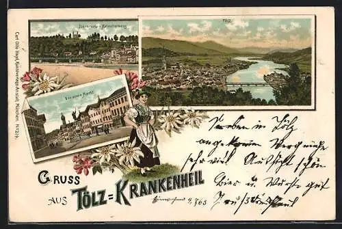 Lithographie Tölz-Krankenheil, Teilansicht, Der obere Markt, Isarbrücke und Kalvarienberg