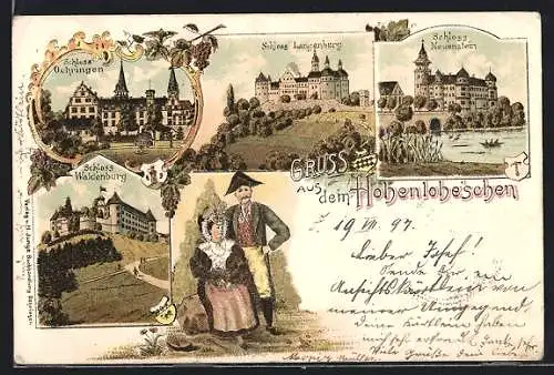 Lithographie Neuenstein / Württ., Schloss Ochringen, Schloss Langenburg, Schloss Neuenstein