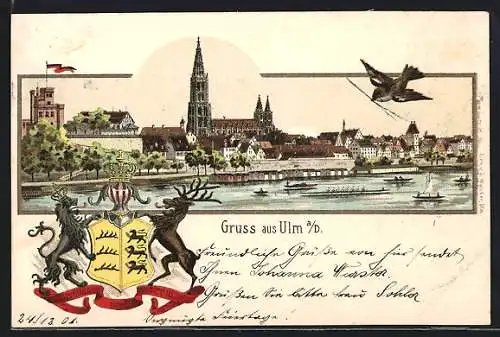 Lithographie Ulm a. D., Dom mit Ulmer Spatz, Wappen