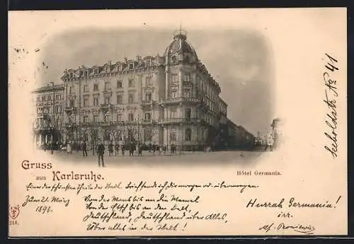 AK Karlsruhe, Strassenpartie mit Hotel Germania