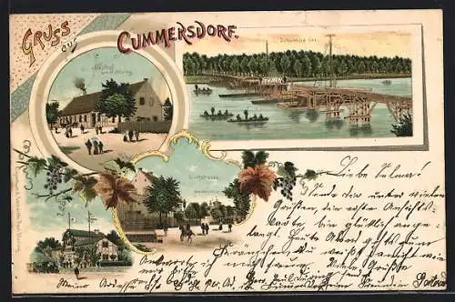 Lithographie Cummersdorf / Mellensee, Gasthof von P. Düring, Bahnhof, Schumka-See