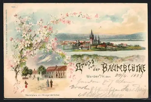 Lithographie Werder a. H., Ortspartie mit Windmühle bei Baumblüte, Marktplatz mit Kriegerdenkmal