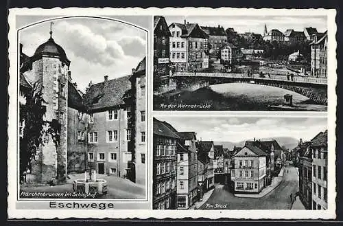 AK Eschwege, Märchenbrunnen im Schlosshof, An der Werrabrücke, Am Stad