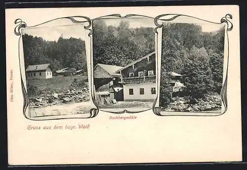 AK Buchbergmühle /Bayr. Wald, Der Betrieb vor einem Waldgebiet