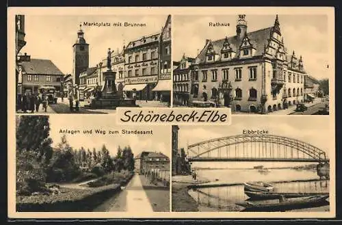 AK Schönebeck / Elbe, Marktplatz mit Brunnen, Rathaus, Elbbrücke
