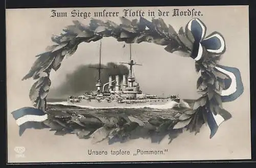 AK Kriegsschiff Pommern im Kranzausschnitt mit Fahne