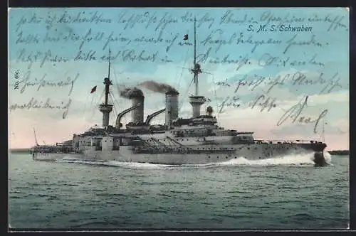 AK Kriegsschiff S. M. S. Schwaben in voller Fahrt