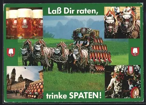 AK München, Spaten-Franziskaner-Bräu KGaA, Marsstr. 46-48, Ochsenwagen mit Bierfässern, Bierkrüge, Brauerei-Werbung