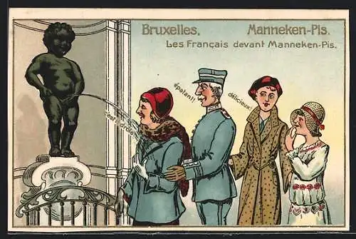 Lithographie Bruxelles, Manneken-Pis, Besucher werden angepullert