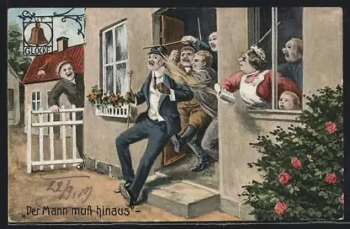 AK Mann wird aus dem Gasthaus zur Glocke geworfen, Scherz