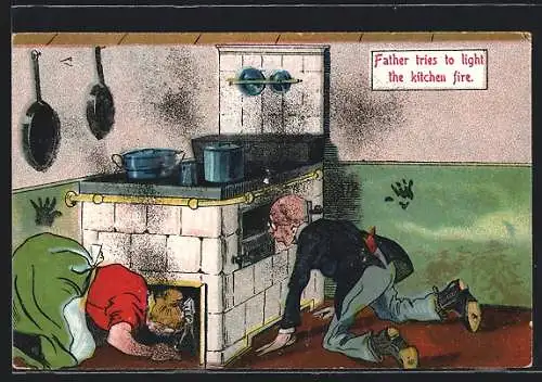 AK Frau kraucht unter den Ofen, Scherz