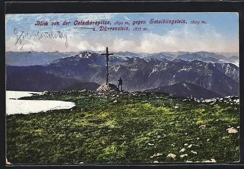 AK Blick von der Oetscherspitze mit Gipfelkreuz gegen Scheiblingstein und Dürrenstein