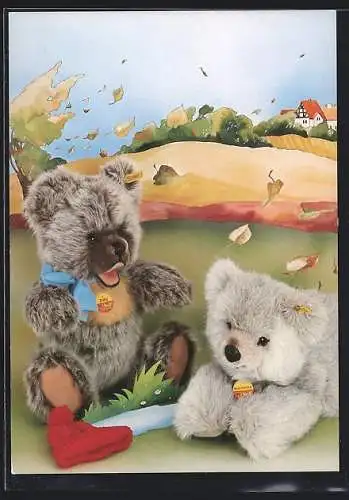 AK Zwei Steiff-Teddys in herbstlicher Landschaft