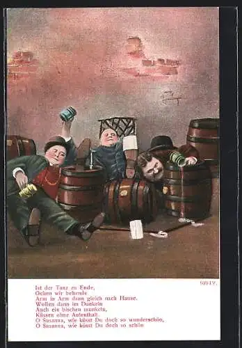 AK Drei betrunkene Männer mit Bierkrügen, Trinkerhumor