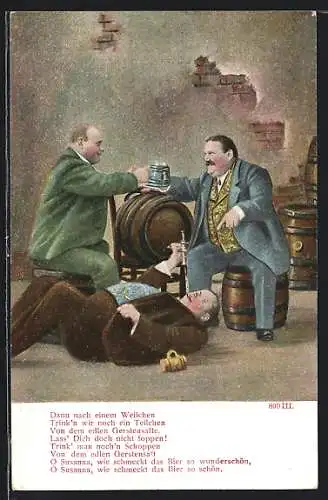 AK Drei betrunkene Männer am Bierfass, Trinkerhumor