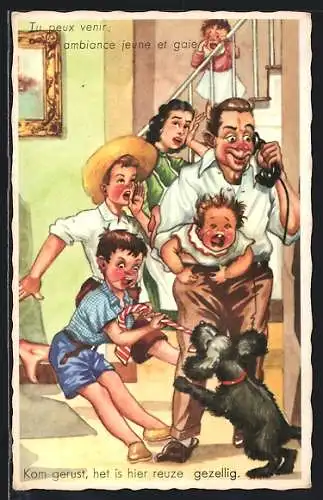 AK Familie mit Hund am Telefon, Scherz