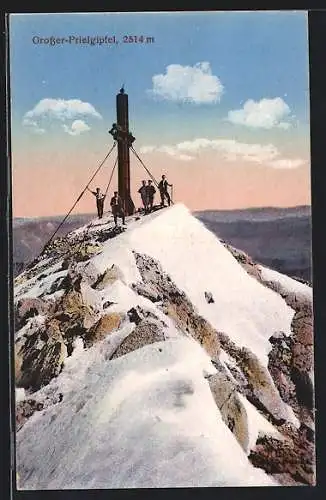 AK Hinterstoder, Grosser Prielgipfel, Bergsteiger am Gipfelkreuz
