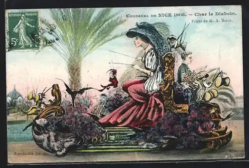 AK Nice, Carnaval 1908, Char le Diabolo, Festwagen zu Fasching