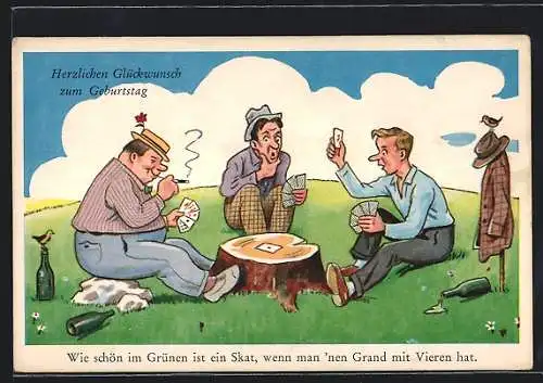 AK Männer beim Kartenspiel auf der Wiese, Zum Namenstag herzliche Glückwünsche!