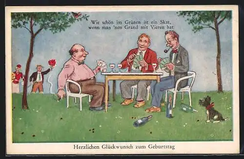 AK Wie schön im Grünen ist ein Skat..., Männerrunde beim Kartenspiel im Garten