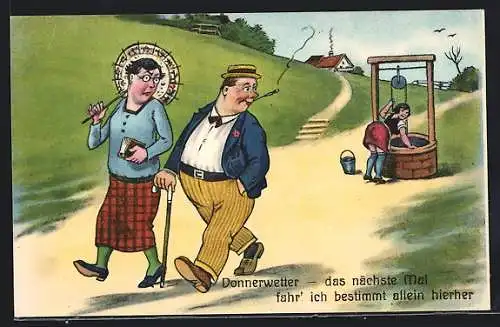 AK Ehepaar geht an Frau am Brunnen vorbei, Erotik