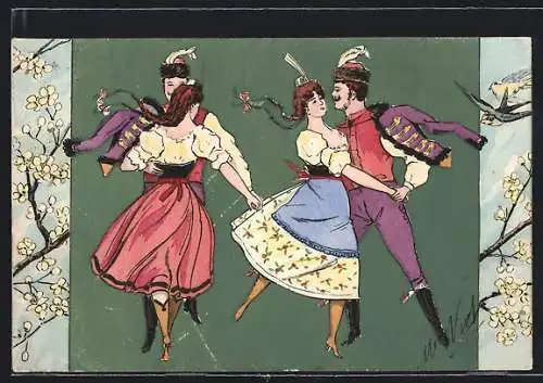 AK Zwei Paare in Tracht bei einem Volkstanz