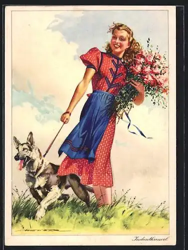 AK Reklame für Indanthrenfarbige Stoffe, Indanthrenerl mit Hund und Blumenstrauss