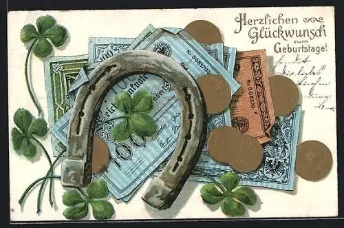 AK Geldscheine u. -Münzen, mit vierblättrigen Kleeblättern u. Hufeisen