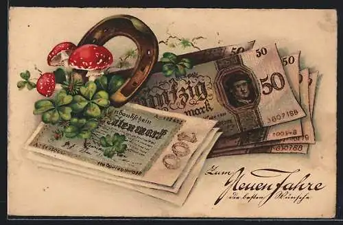 AK Geldscheine und Glücksbringer, Neujahrsgruss