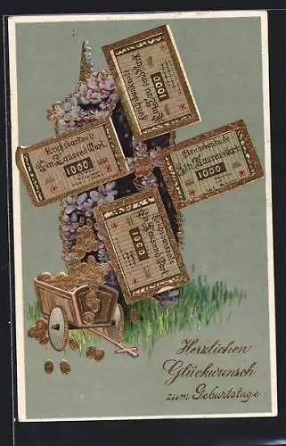 AK Tausend-Mark-Geldscheine, Bollerwagen mit Münzen, Blumen-Kapelle, Geburtstagsgruss