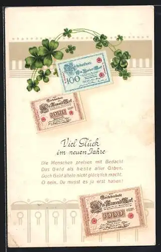 AK Geldscheine mit Kleeblättern, Neujahrsgruss