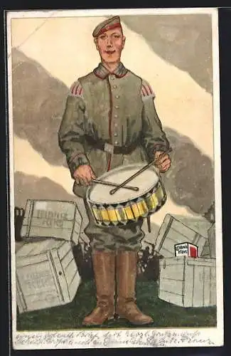 AK Soldat der Infanterie in Uniform mit Trommel, Reklame für Leibniz Keks von H. Bahlsens