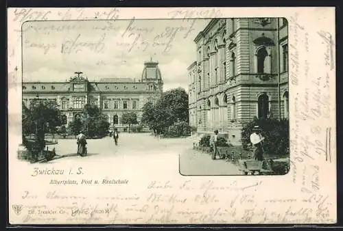 AK Zwickau i. S., Albertplatz, Post und Realschule