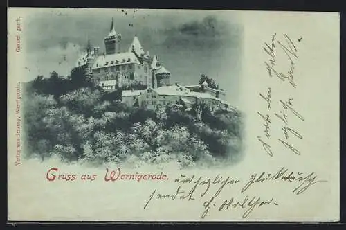 Mondschein-AK Wernigerode, Das Schloss auf dem Berg