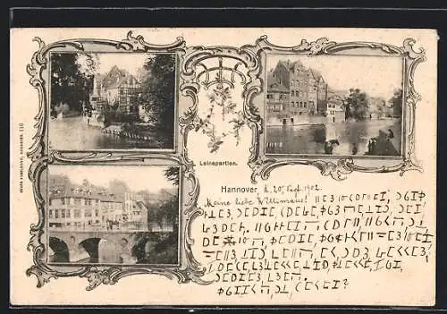 AK Hannover, Partien an der Leine mit alten Fachwerkhäusern und einer Brücke