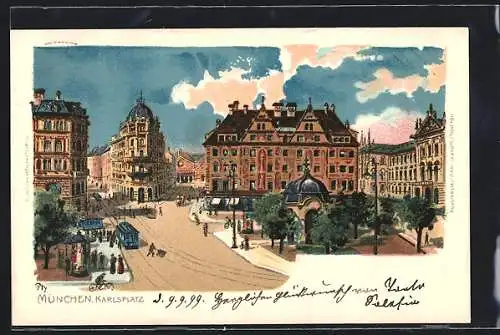 Künstler-AK München, Karlsplatz mit Pavillon und Strassenbahn