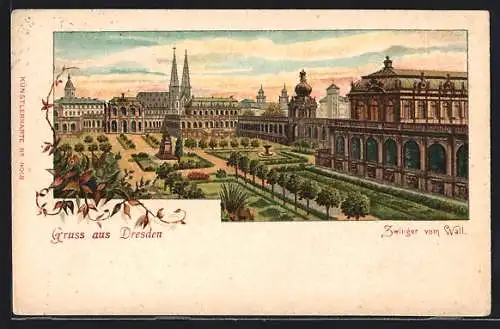 Lithographie Dresden, Zwinger vom Wall gesehen