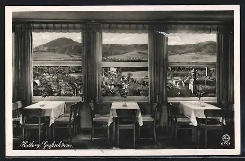 AK Grossschönau i. S., Blick aus einem Restaurant auf den Hutberg