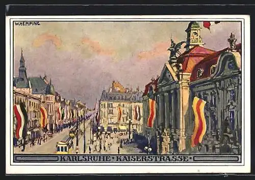 Künstler-AK Karlsruhe, Kaiserstrasse mit Strassenbahn
