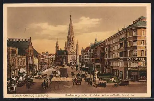 AK Berlin-Charlottenburg, Hardenbergstrasse mit Kaiser Wilhelm-Gedächtniskirche und Strassenbahn