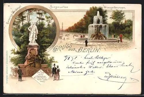 Lithographie Berlin-Tiergarten, Partie am Wrangelbrunnen, Lessing-Denkmal