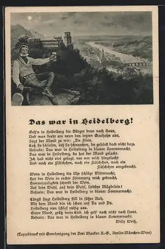 AK Heidelberg, Student mit Bierkrug und Gitarre vor dem Schloss, Gedicht