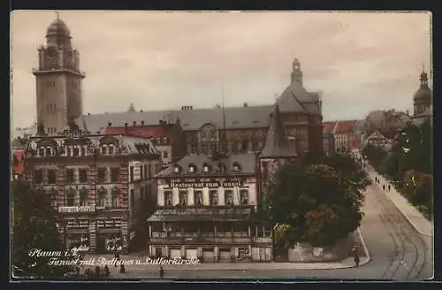 AK Plauen / Vogtland, Tunnel mit Rathaus, Lutherkirche und Restaurant am Tunnel